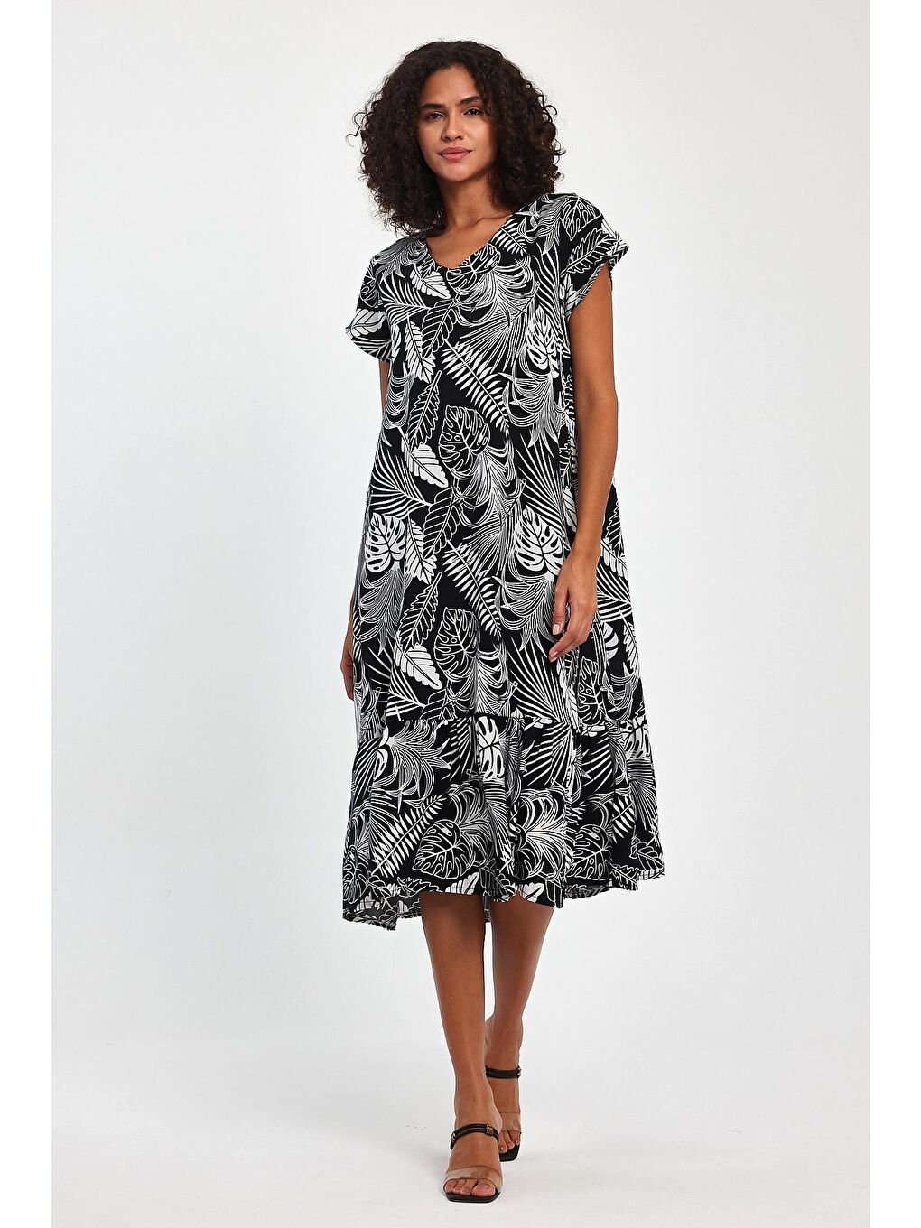 Siyah Kadın V Yaka Desenli Elbise TT72-1