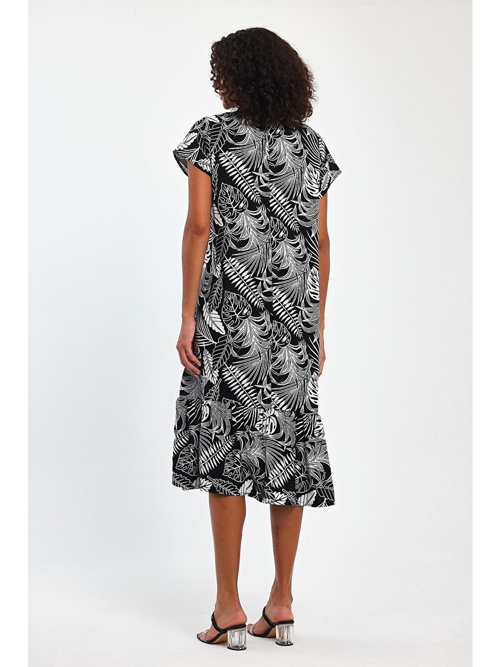 Siyah Kadın V Yaka Desenli Elbise TT72-3