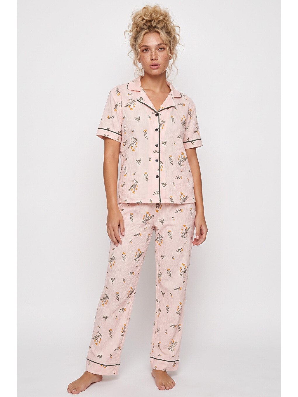 Pembe Bürümcük-krınkıl Kısa Kollu Düğmeli Biyeli Pijama Takım 26120525-1