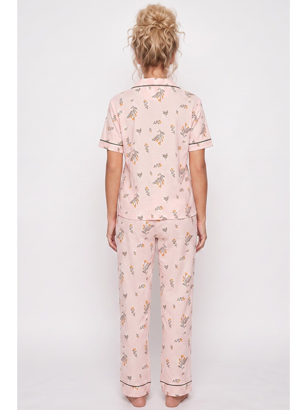 Pembe Bürümcük-krınkıl Kısa Kollu Düğmeli Biyeli Pijama Takım 26120525-2