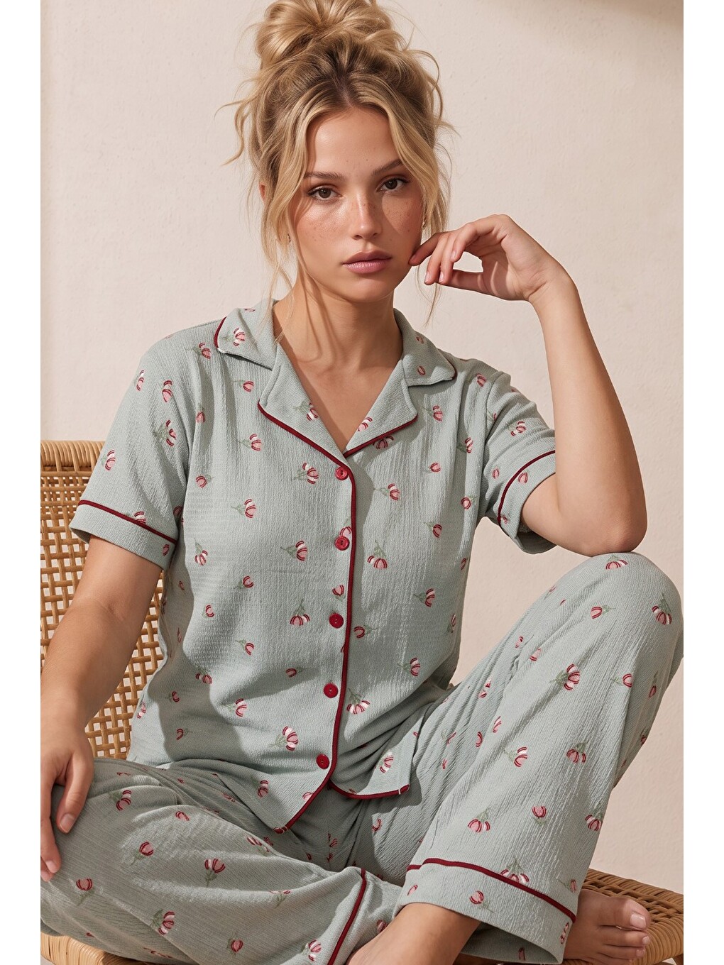 Yeşil Bürümcük-krınkıl Kısa Kollu Düğmeli Biyeli Pijama Takım 26120525