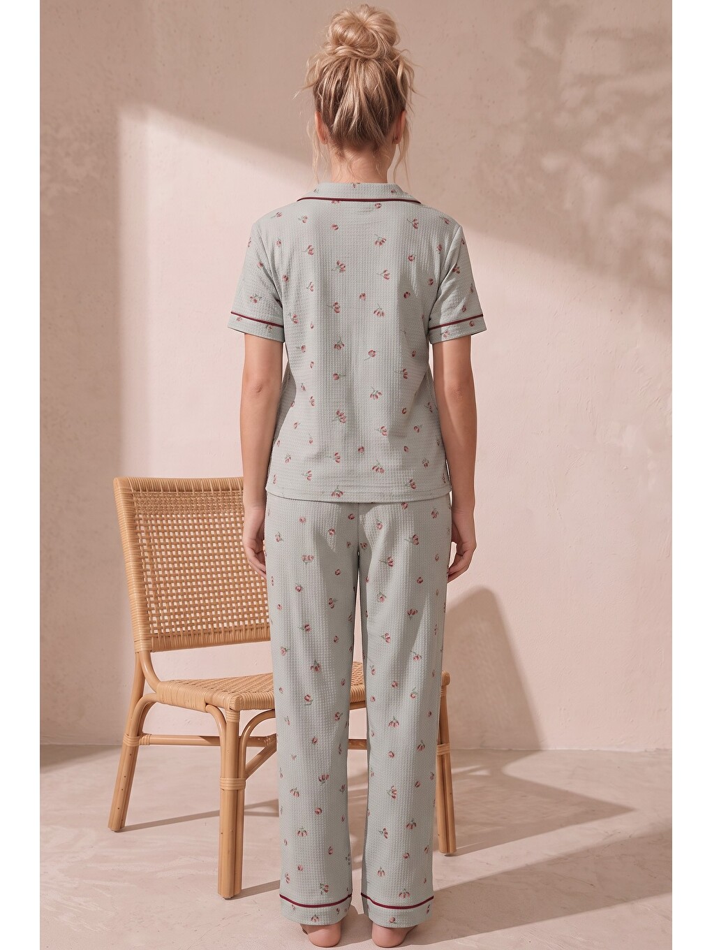 Yeşil Bürümcük-krınkıl Kısa Kollu Düğmeli Biyeli Pijama Takım 26120525-2