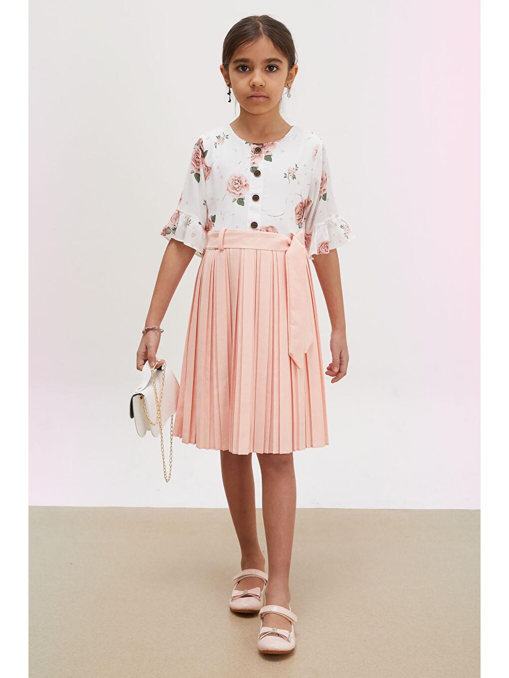 Yeşil Somon Gül Desenli Kısa Kollu Çantalı Kız Çocuk Pileli Elbise 18192-1