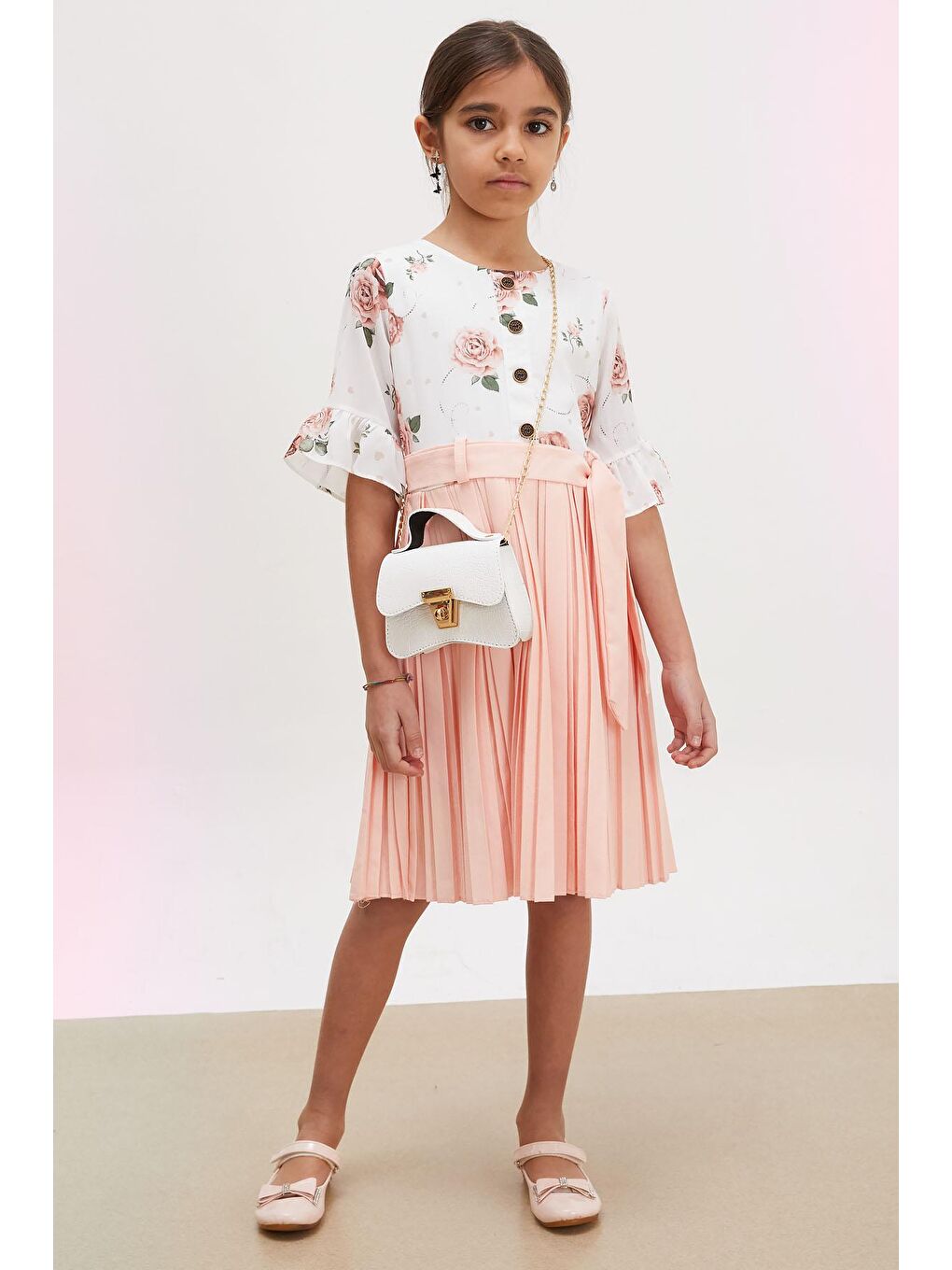 Yeşil Somon Gül Desenli Kısa Kollu Çantalı Kız Çocuk Pileli Elbise 18192-2