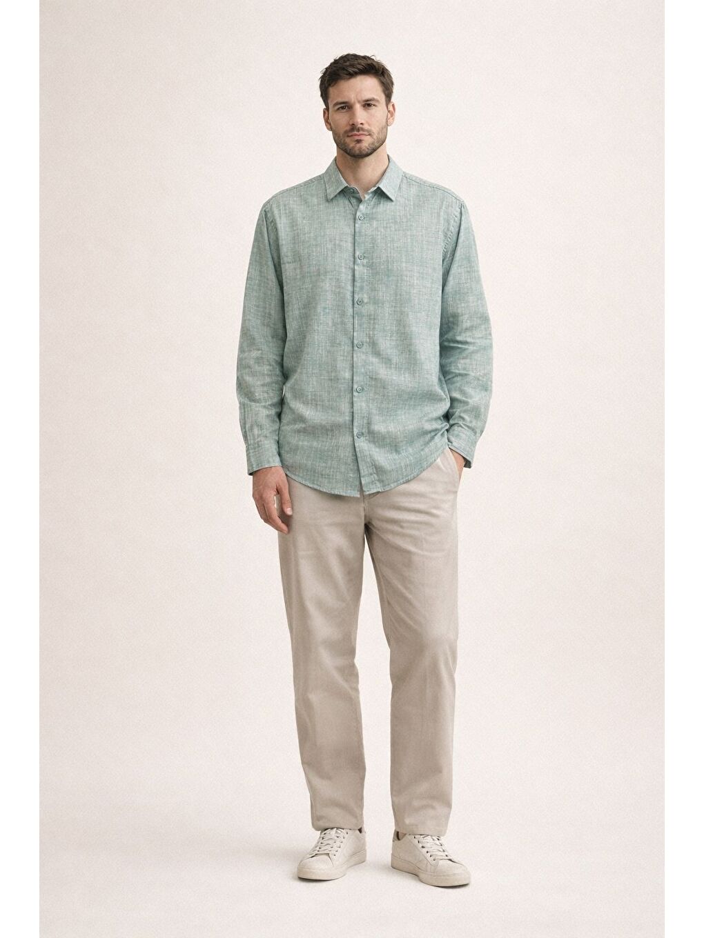 Premium Flamlı Pamuklu Keten Görünümlü Erkek Gömlek Petrol Yeşili-1