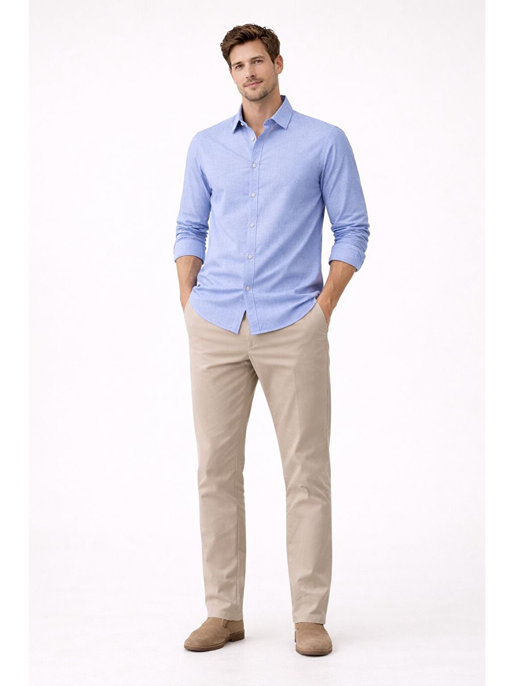 Premium Flamlı Pamuklu Keten Görünümlü Erkek Gömlek Mavi