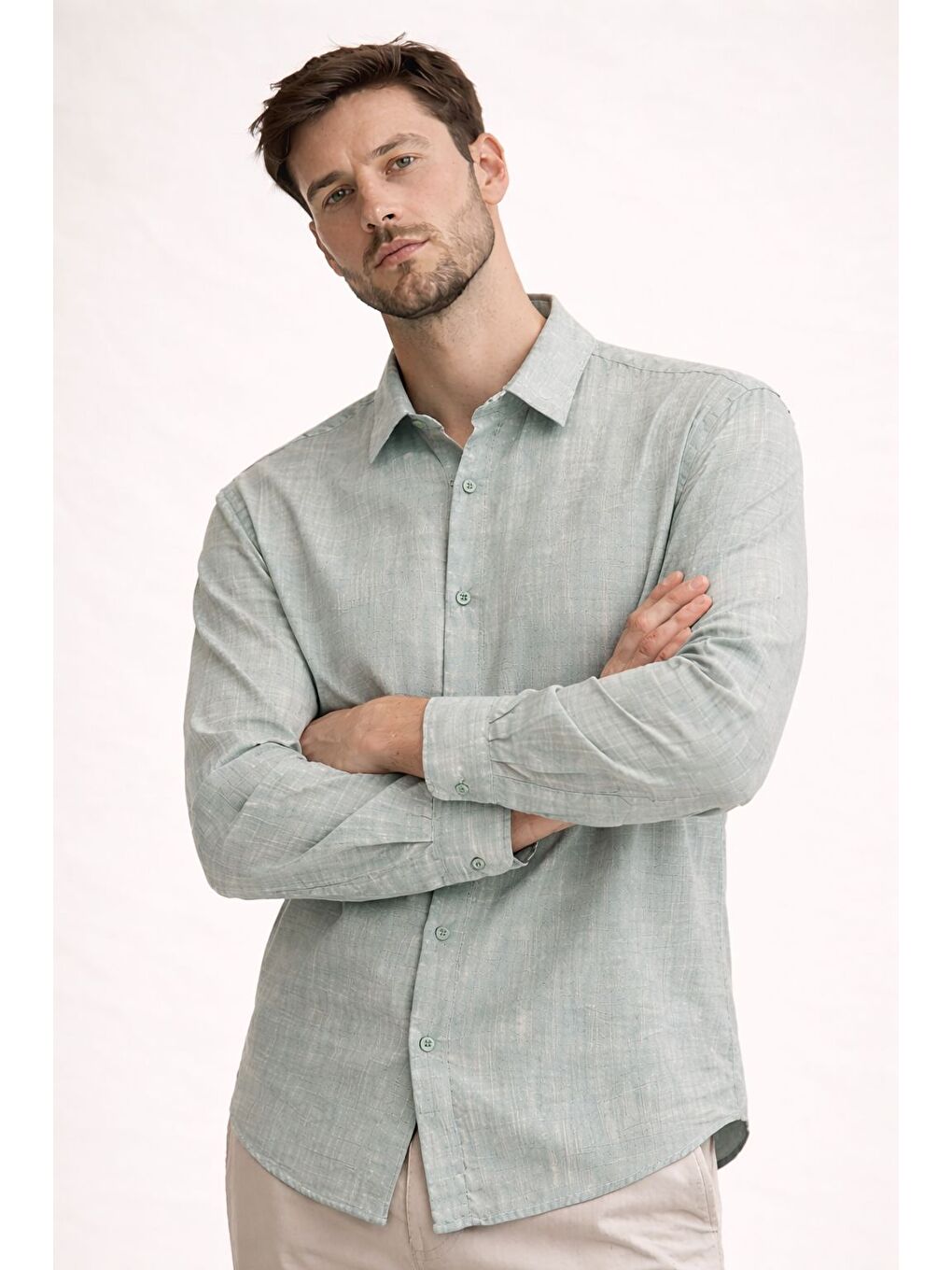 Premium Flamlı Pamuklu Keten Görünümlü Erkek Gömlek Petrol Yeşili-2