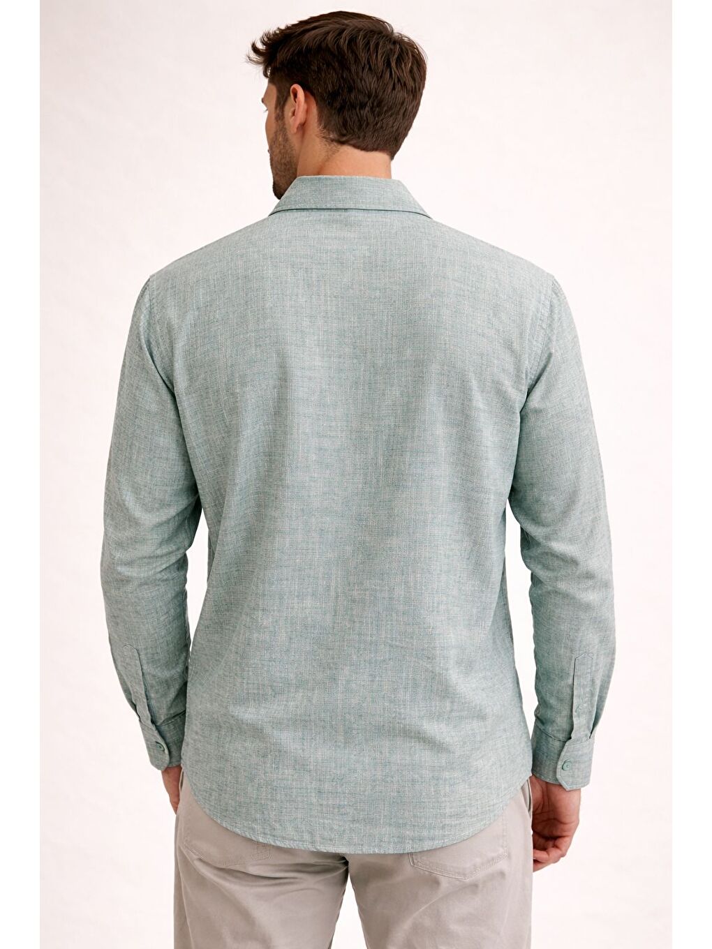 Premium Flamlı Pamuklu Keten Görünümlü Erkek Gömlek Petrol Yeşili-3