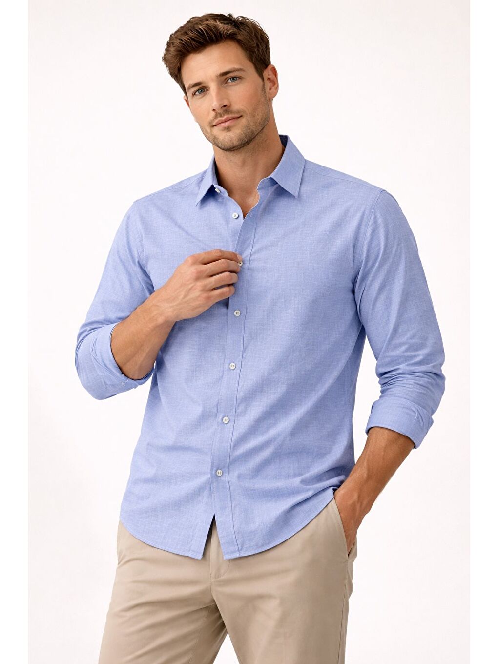 Premium Flamlı Pamuklu Keten Görünümlü Erkek Gömlek Mavi-1