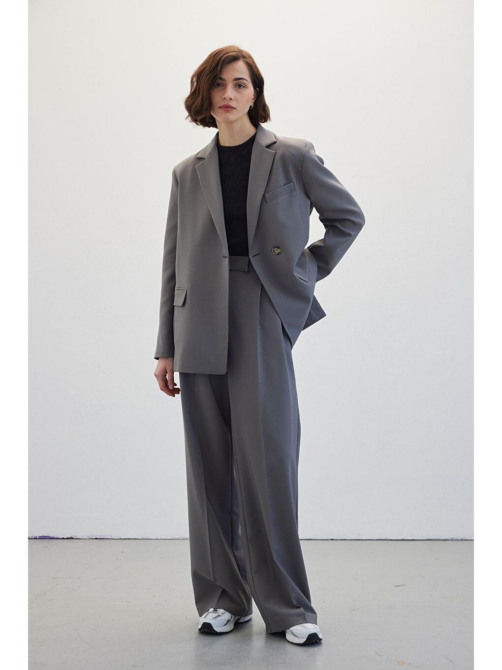 Çift Pileli Palazzo Pantolon Gri-1