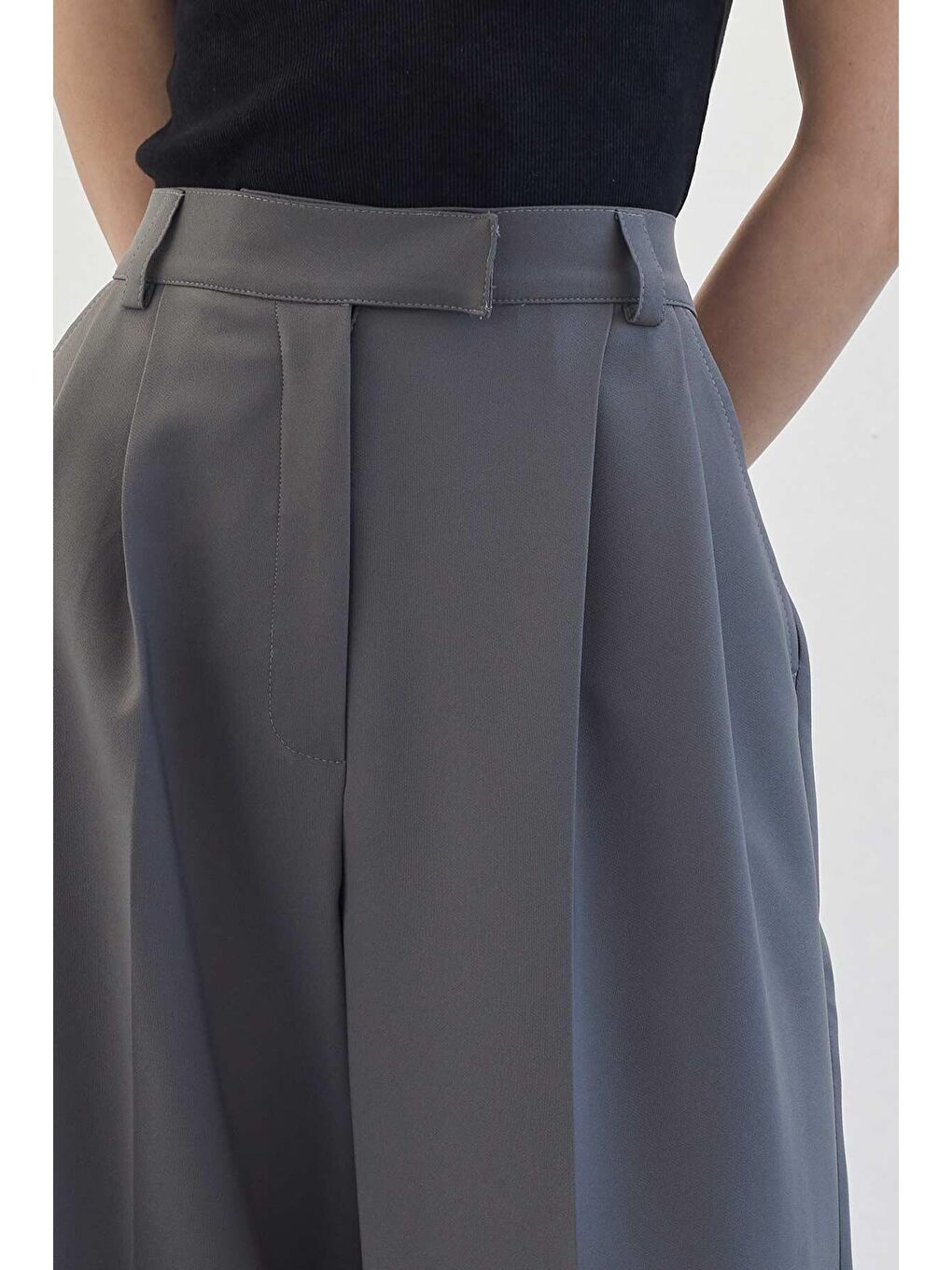 Çift Pileli Palazzo Pantolon Gri-2