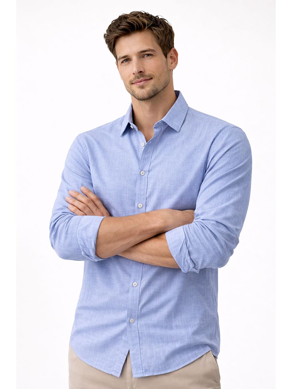 Premium Flamlı Pamuklu Keten Görünümlü Erkek Gömlek Mavi-3