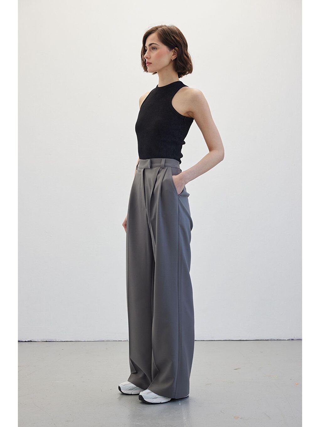 Çift Pileli Palazzo Pantolon Gri-3