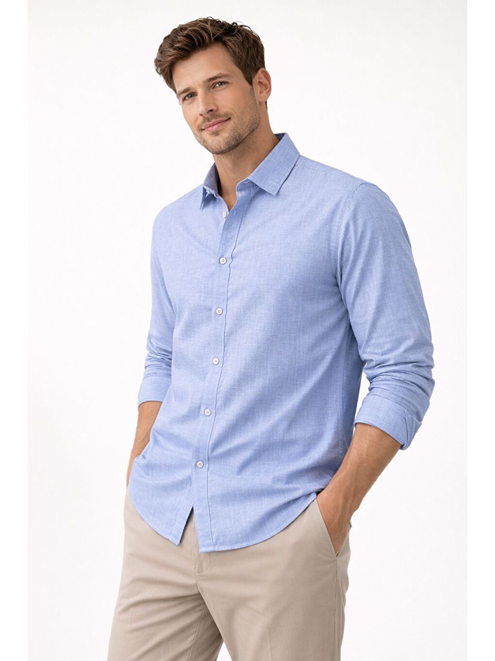 Premium Flamlı Pamuklu Keten Görünümlü Erkek Gömlek Mavi-4