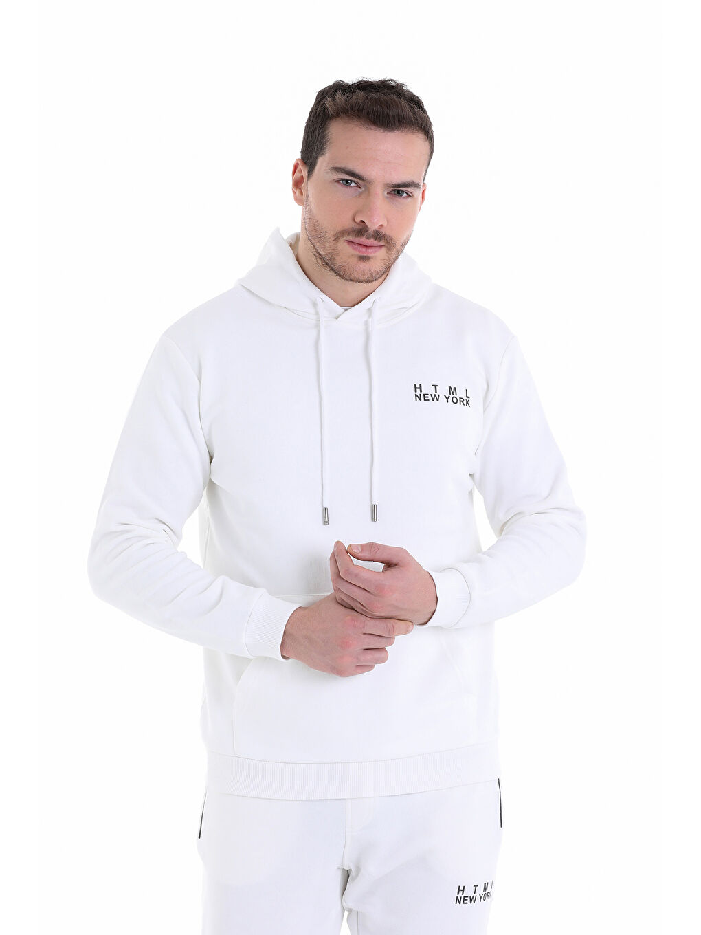 Hatemoğlu Ekru Regular Fit Düz Pamuklu Kapüşonlu Kanguru Cepli Sweatshirt