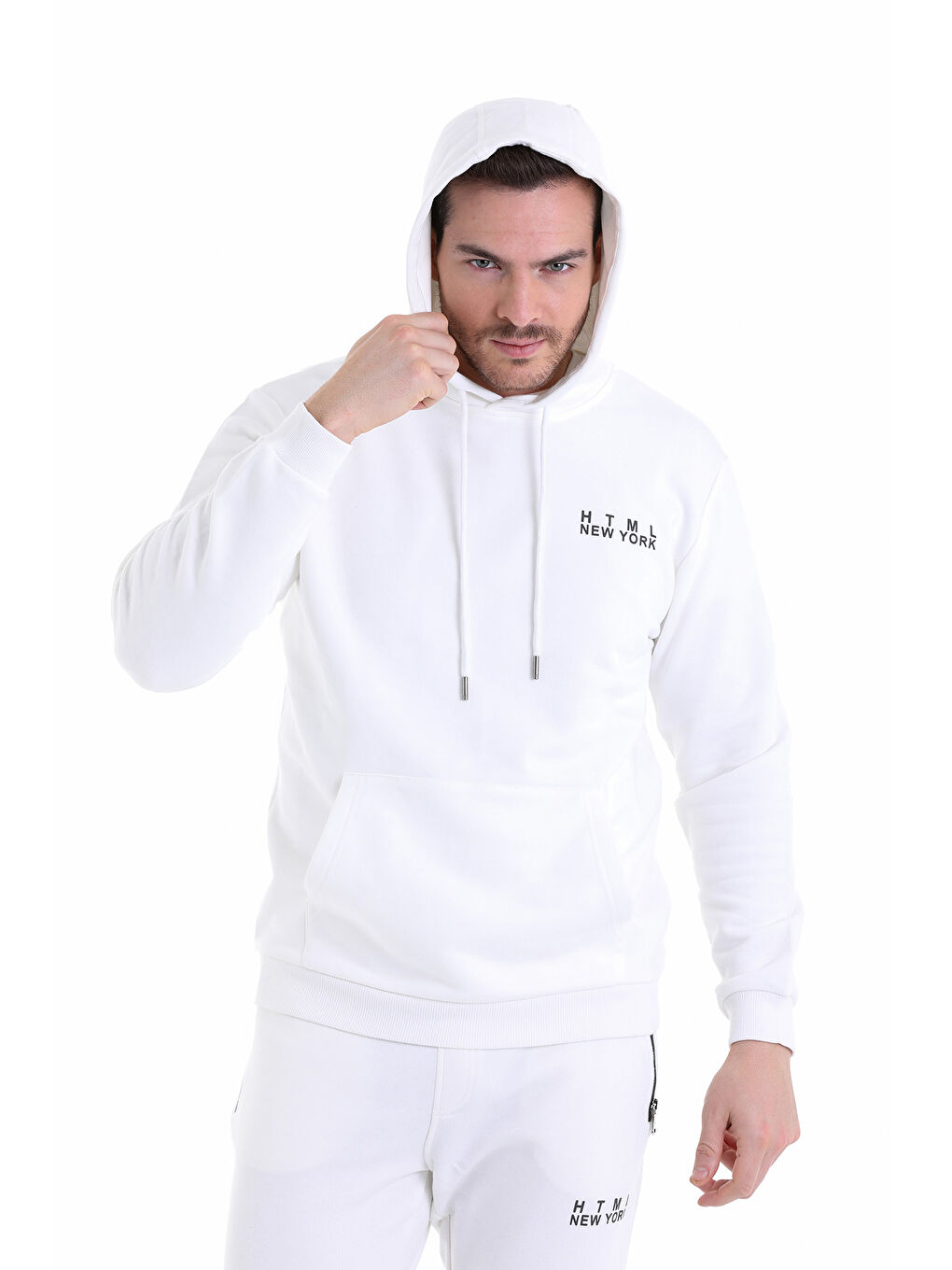 Hatemoğlu Ekru Regular Fit Düz Pamuklu Kapüşonlu Kanguru Cepli Sweatshirt - 2