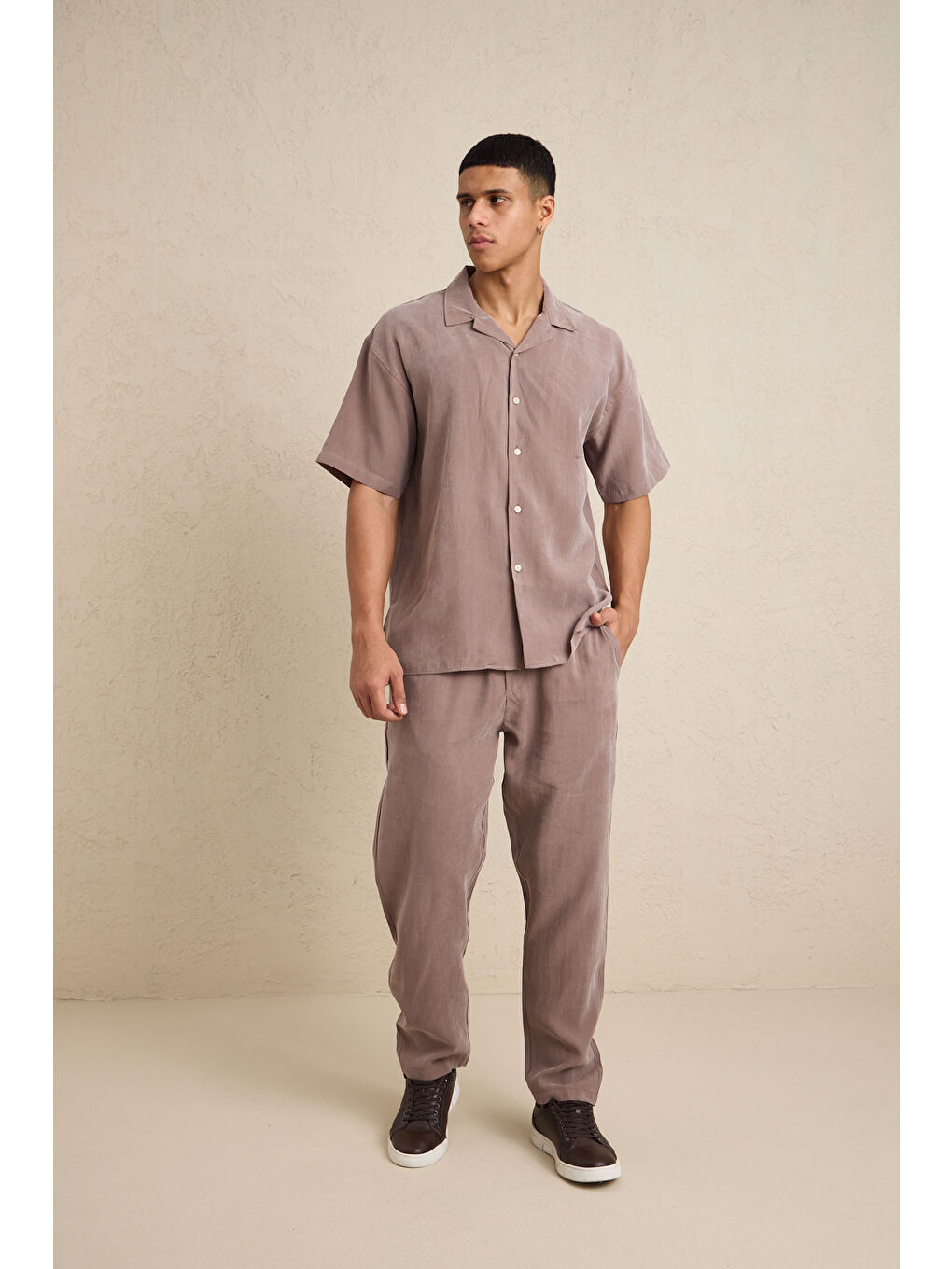 Bej Erkek Modal Kumaş Pantolon Gömlek Takım Vizon-3