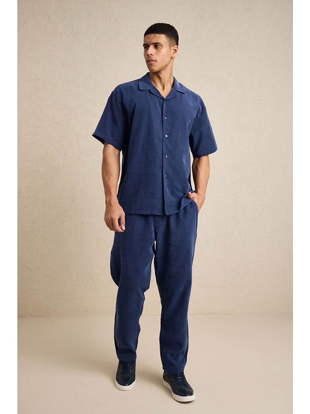 Erkek Modal Kumaş Pantolon Gömlek Takım Mavi-2