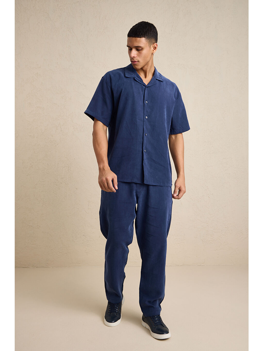 Erkek Modal Kumaş Pantolon Gömlek Takım Mavi-3