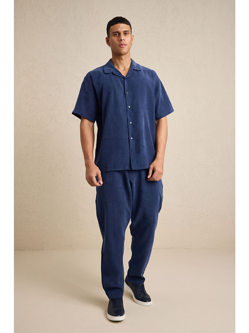 Erkek Modal Kumaş Pantolon Gömlek Takım Mavi-4