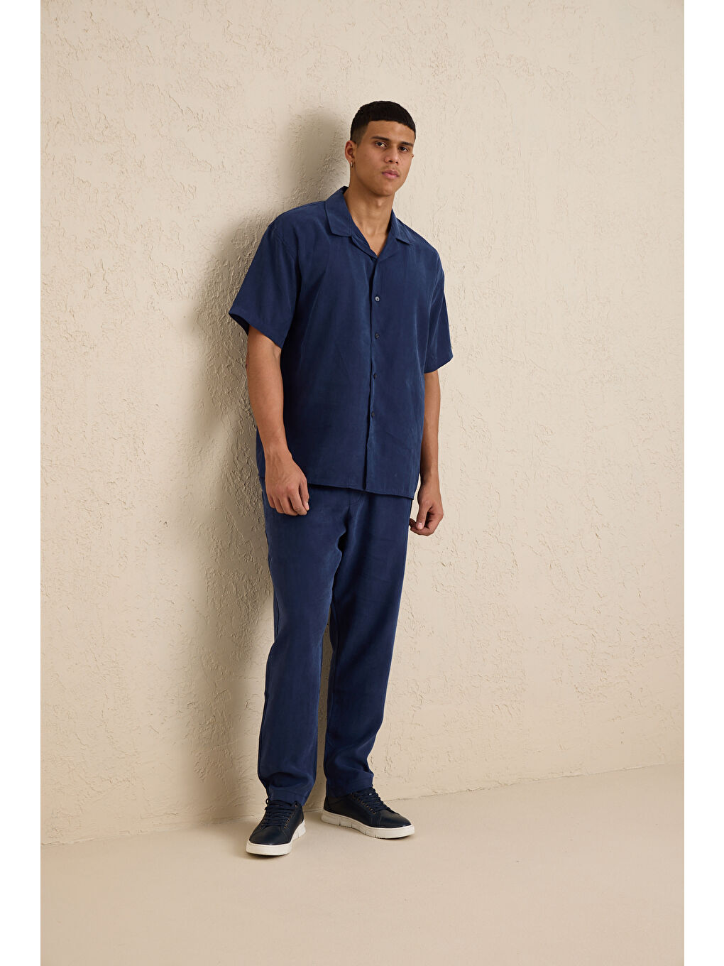 Erkek Modal Kumaş Pantolon Gömlek Takım Mavi-5