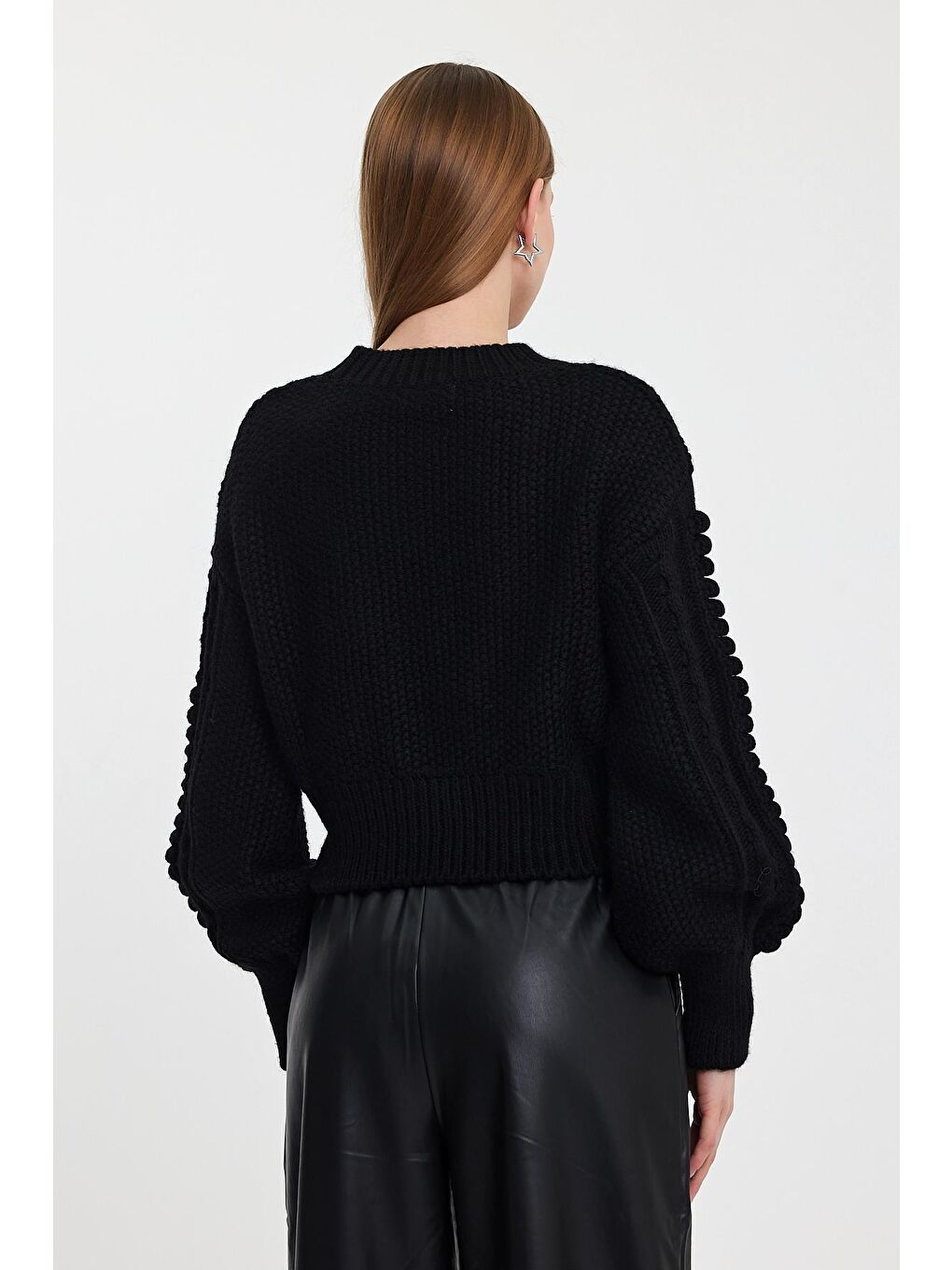 Siyah Örgü Desen Bisiklet Yaka Triko Kazak-4