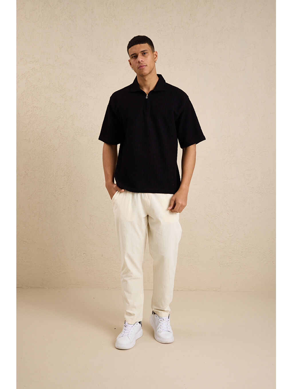 Erkek Teknik Kumaş Polo Yaka Tshirt Siyah