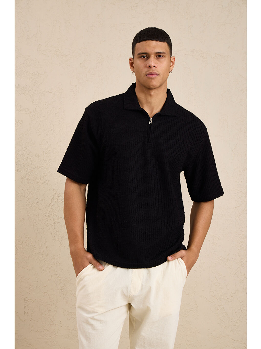 Erkek Teknik Kumaş Polo Yaka Tshirt Siyah-1