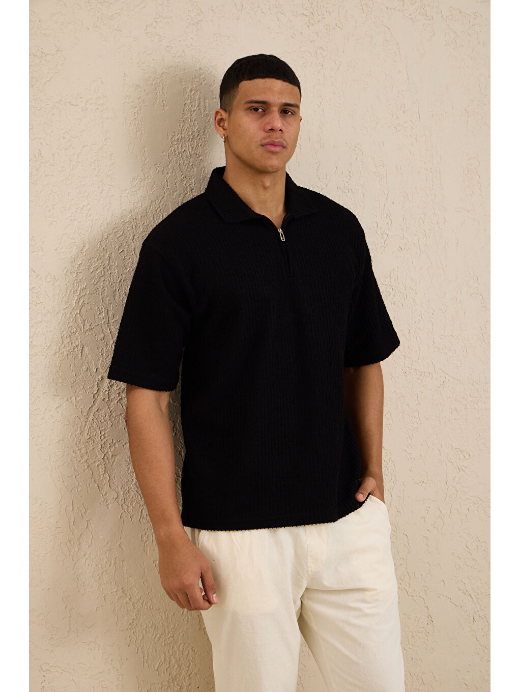 Erkek Teknik Kumaş Polo Yaka Tshirt Siyah-4