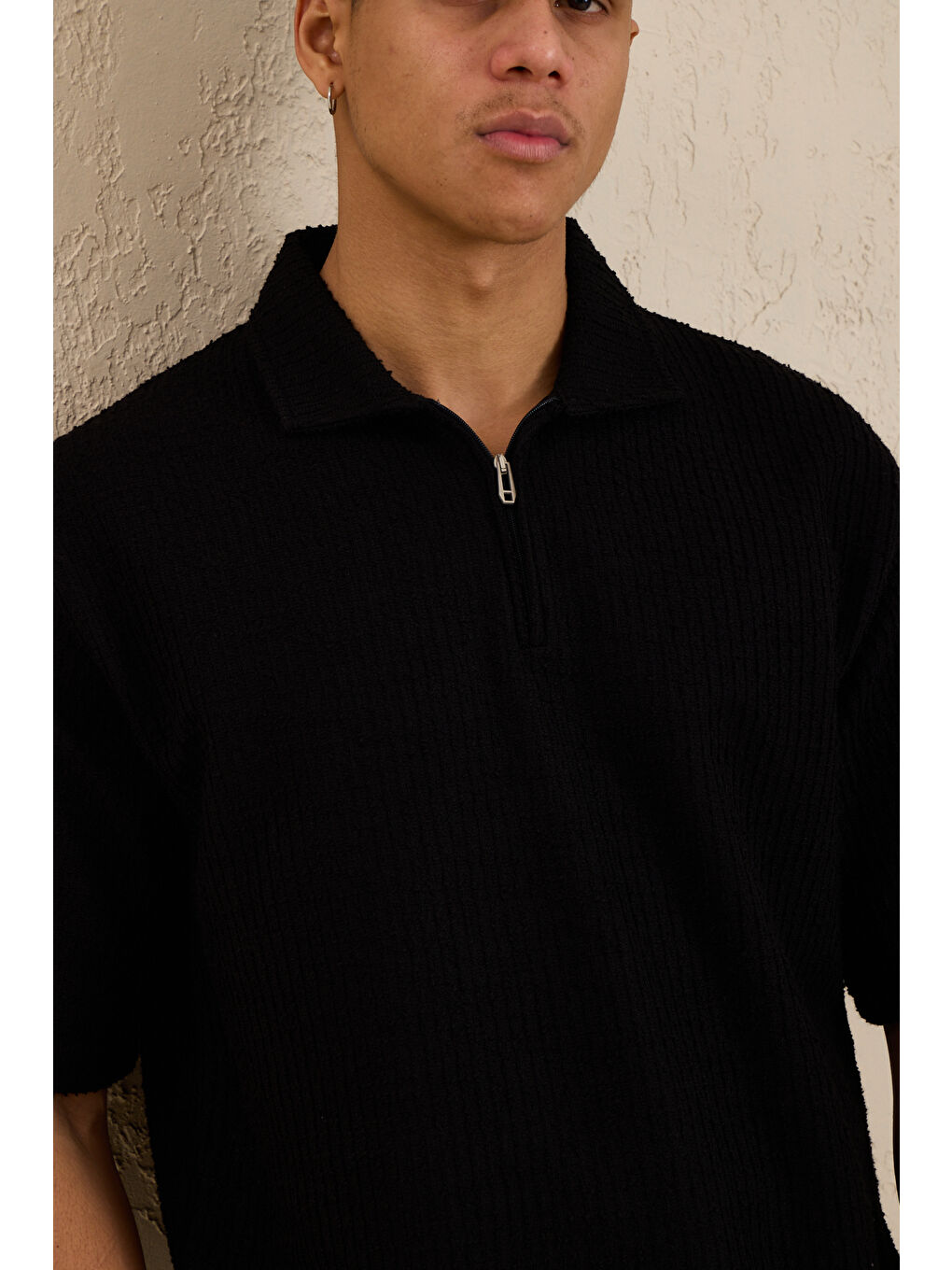 Erkek Teknik Kumaş Polo Yaka Tshirt Siyah-5