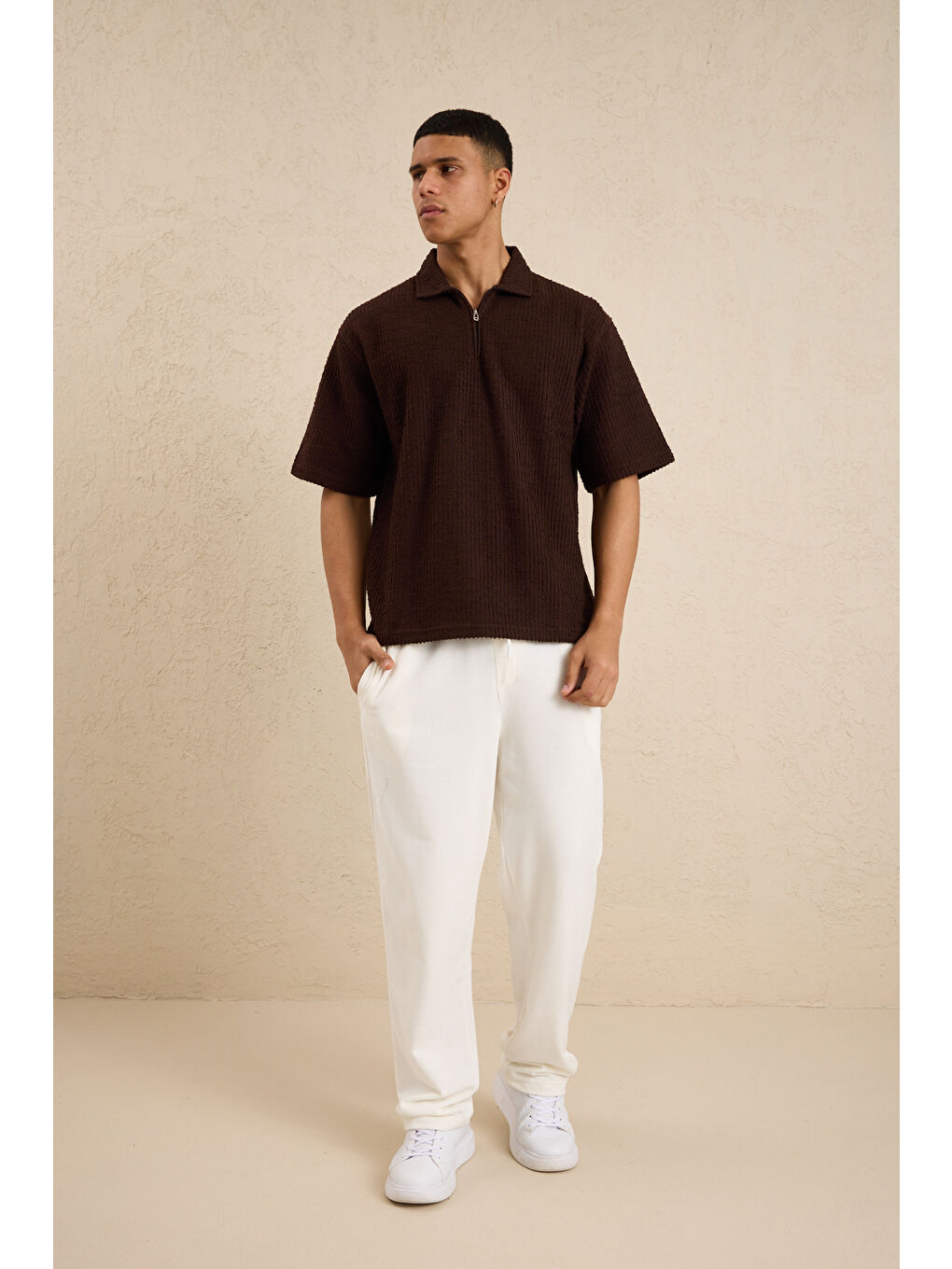 Erkek Teknik Kumaş Polo Yaka Tshirt Kahverengi