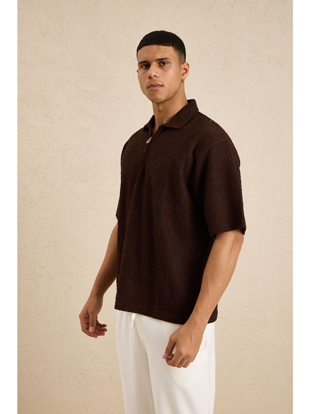 Erkek Teknik Kumaş Polo Yaka Tshirt Kahverengi-1