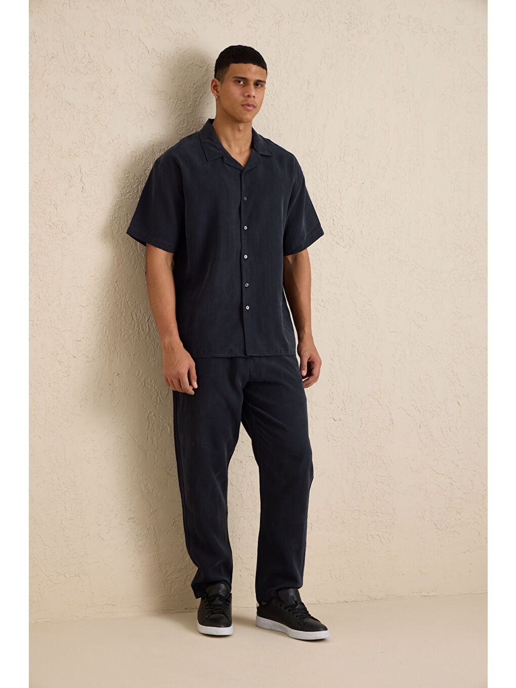 Erkek Modal Kumaş Pantolon Gömlek Takım Siyah-4