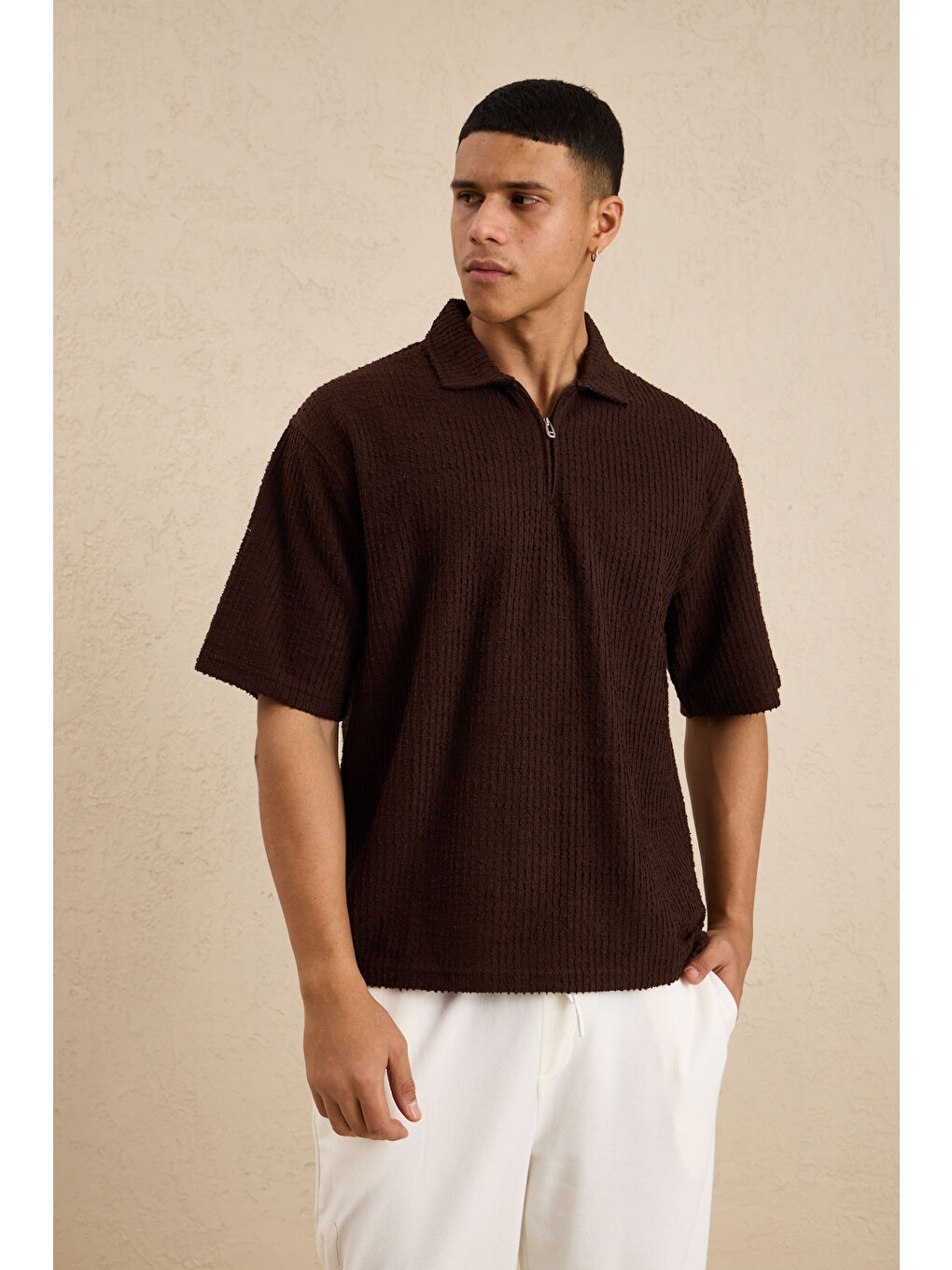 Erkek Teknik Kumaş Polo Yaka Tshirt Kahverengi-2