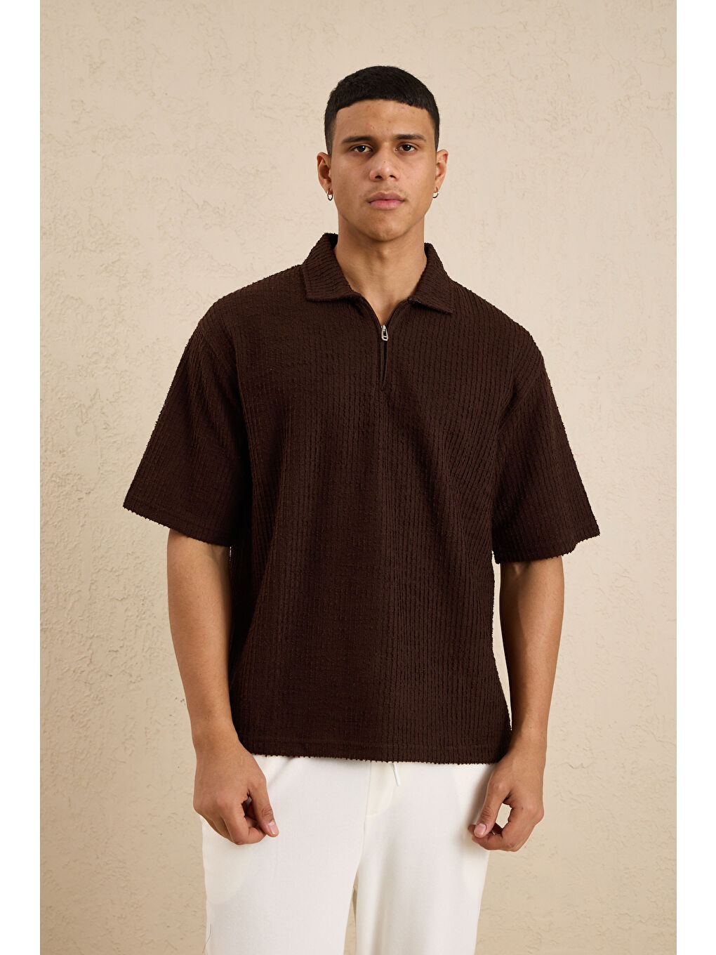 Erkek Teknik Kumaş Polo Yaka Tshirt Kahverengi-3