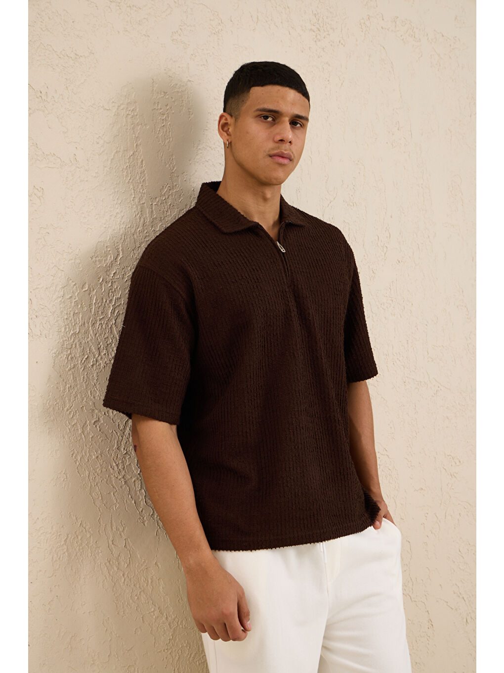 Erkek Teknik Kumaş Polo Yaka Tshirt Kahverengi-5