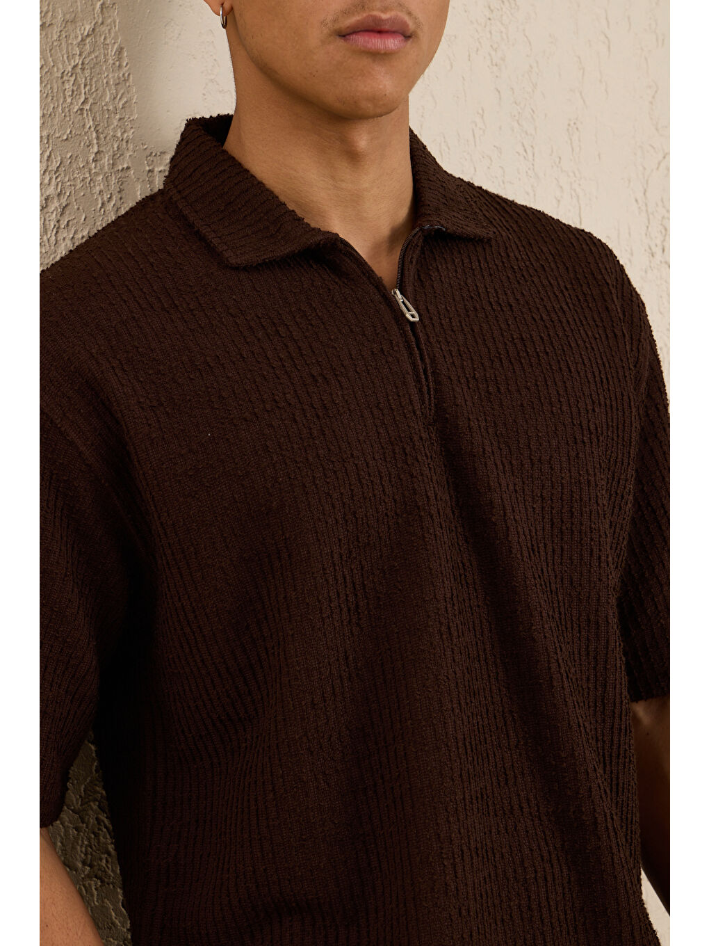 Erkek Teknik Kumaş Polo Yaka Tshirt Kahverengi-6