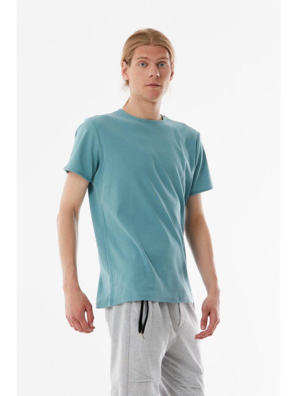 Turkuaz Basic Bisiklet Yaka Tişört-4