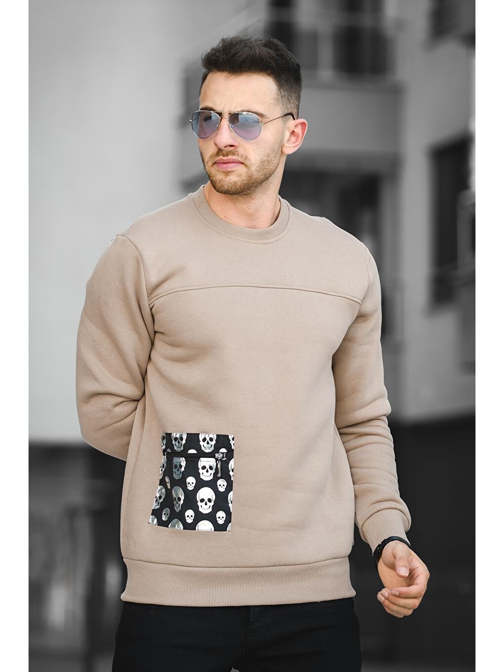 Kahverengi Üç İplik Şardonlu Kuru Kafa Baskılı Cep Detaylı Erkek Sweatshirt-2