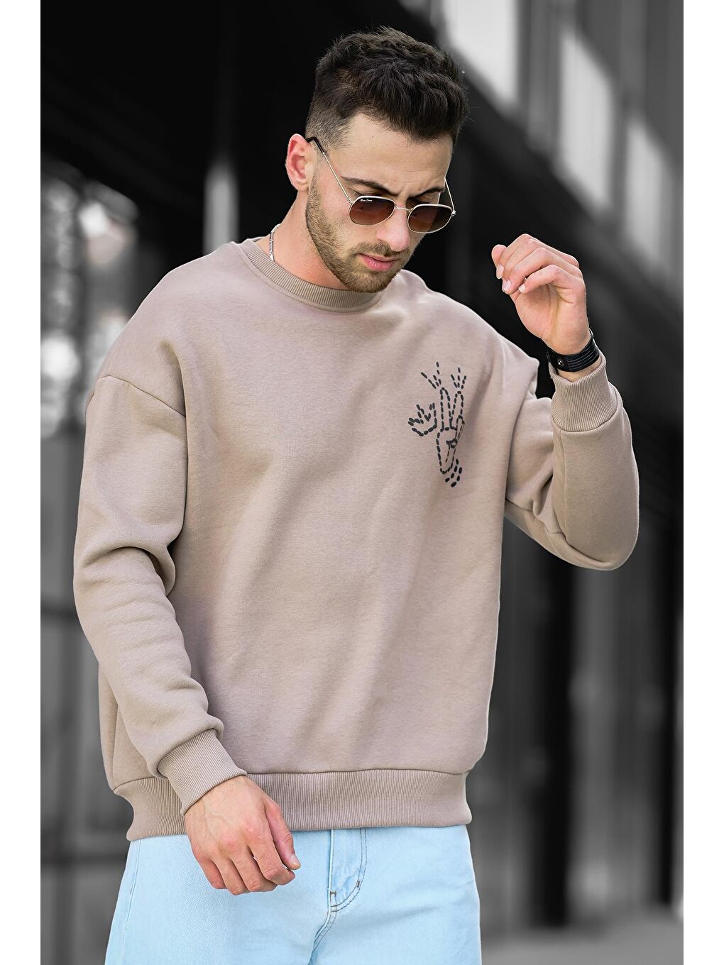 Kahverengi Üç İplik Şardonlu Sırt Baskılı Bisiklet Yaka  Erkek Sweatshirt-2