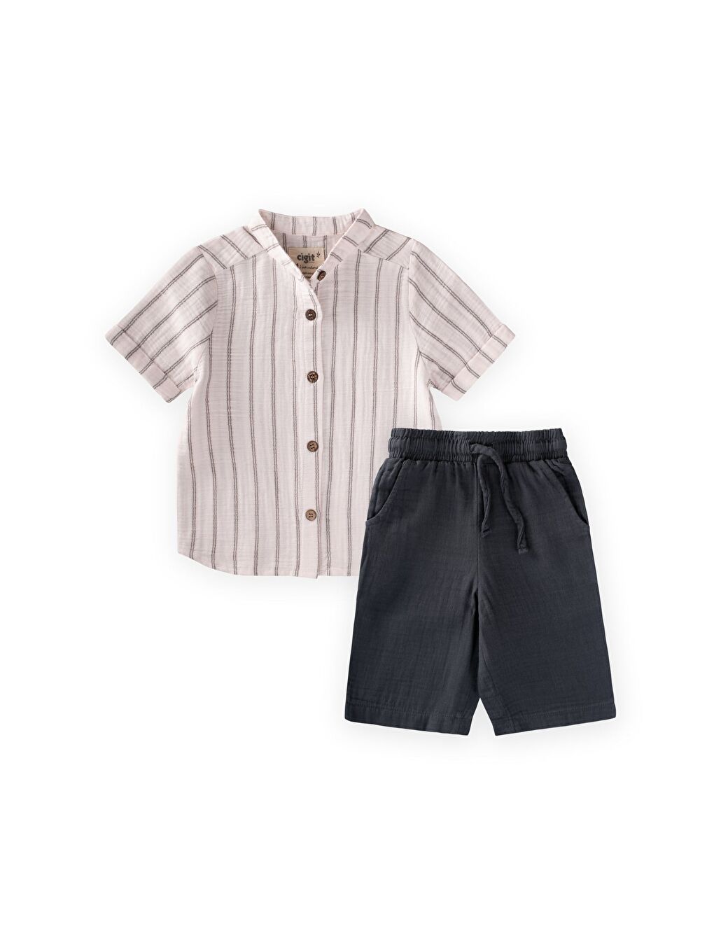 Ekru Müslin Gömlekli Takım 2-10 Yaş Çift Çizgili