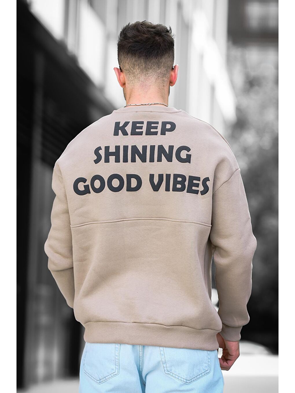 Kahverengi Üç İplik Şardonlu Sırt Baskılı Bisiklet Yaka  Erkek Sweatshirt-4