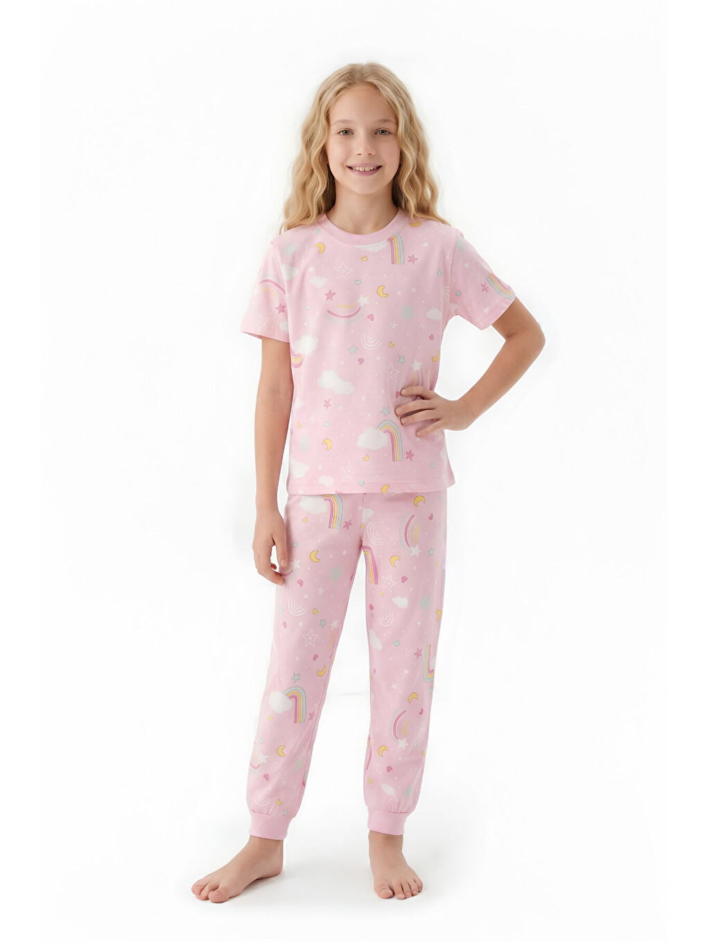 Pembe Kız Çocuk Pijama Takımı %100 Pamuk 3-13 Yaş 12714ıs-1