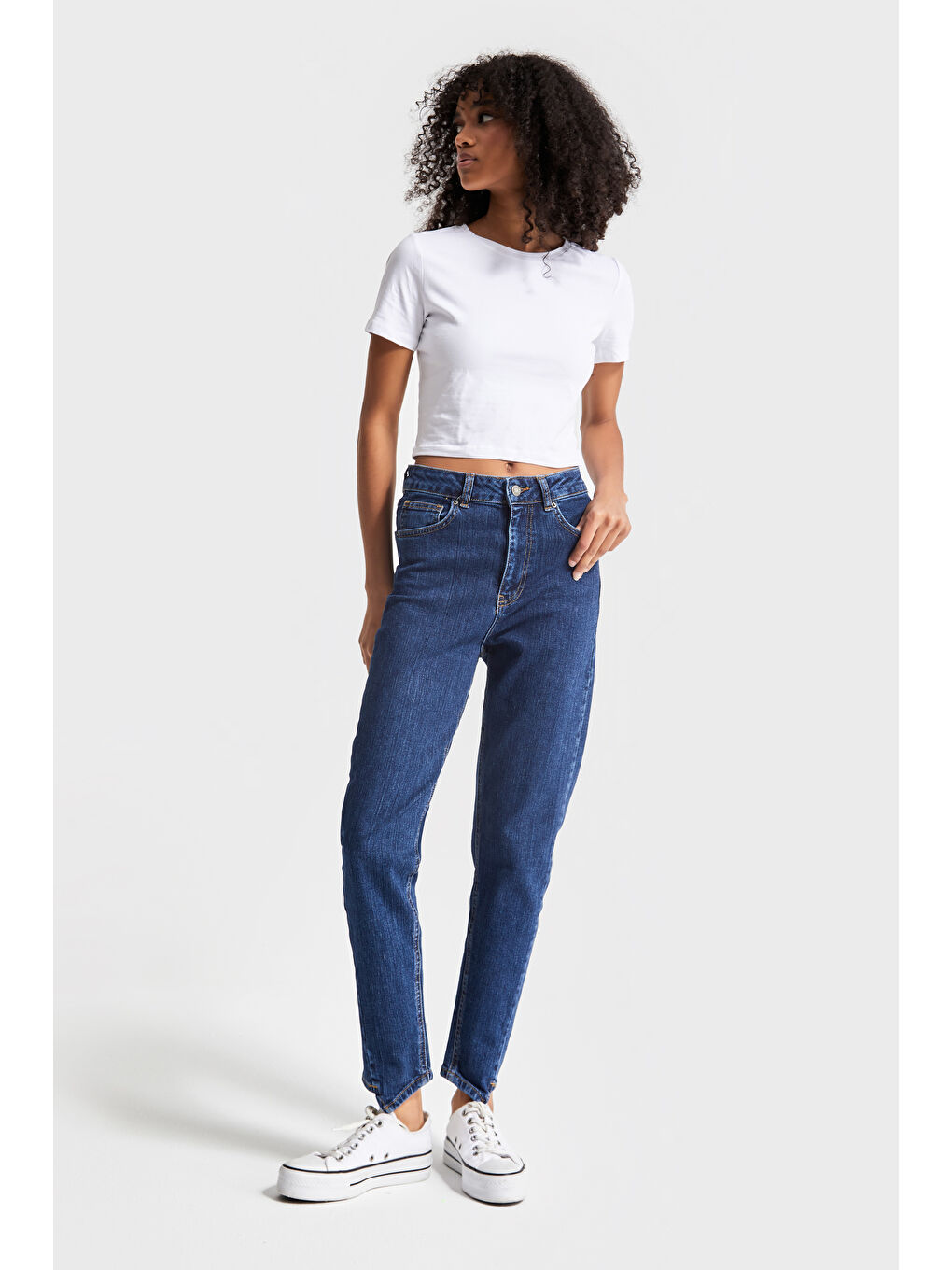 it's basic Kadın Koyu Mavi Renk Elastanlı Kumaş Mom Fit Denim - 4