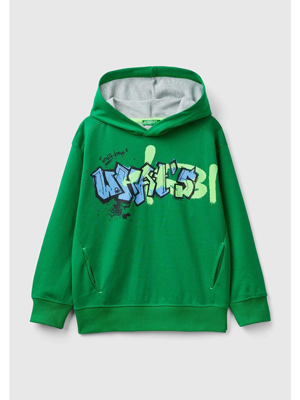 United Colors Of Benetton Erkek Çocuk Yeşil Önü Baskılı Arkası Şerit Detaylı Kapüşonlu Sweatshirt