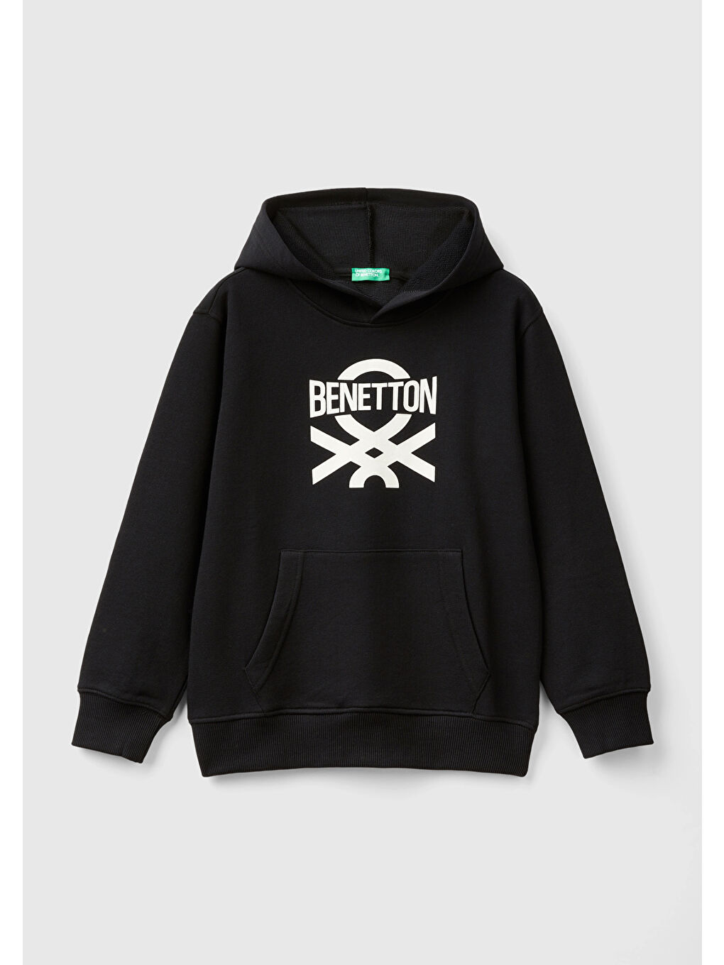 United Colors Of Benetton Siyah Erkek Çocuk Siyah Önü Logo Baskılı Ribanalı Kapüşonlu Sweatshirt