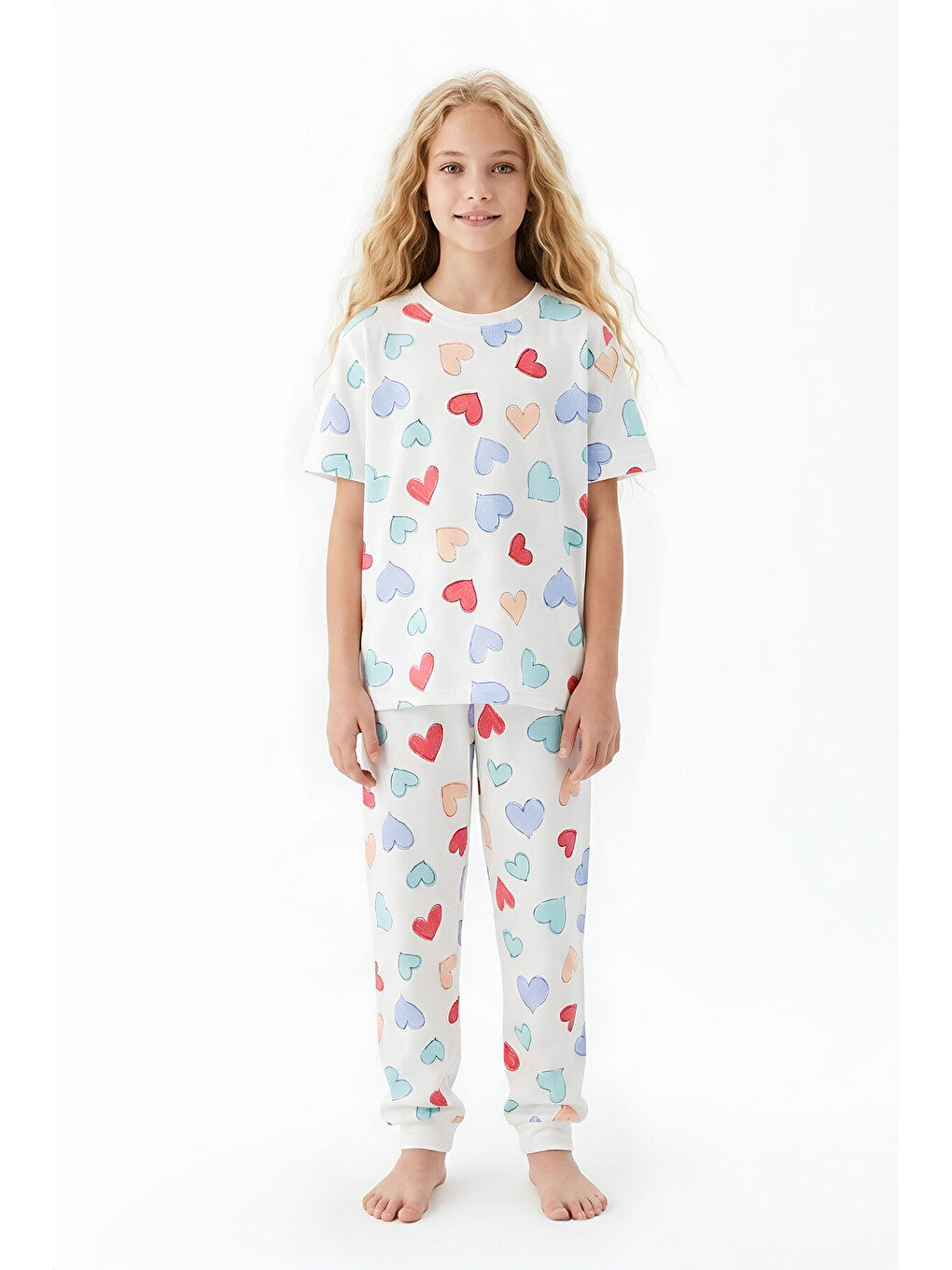 Beyaz Kız Çocuk Pijama Takımı %100 Pamuk 3-13 Yaş 12714ıs-2