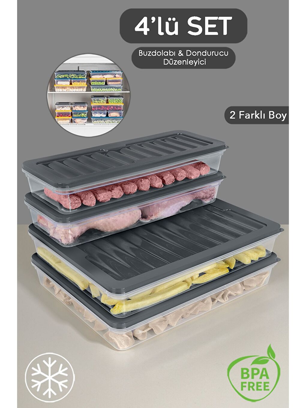 4 Parça Buzdolabı Düzenleyici Organizer Set Mikrodalga Difriz Kabı 2x2400 ml 2x1170 ml Antrasit