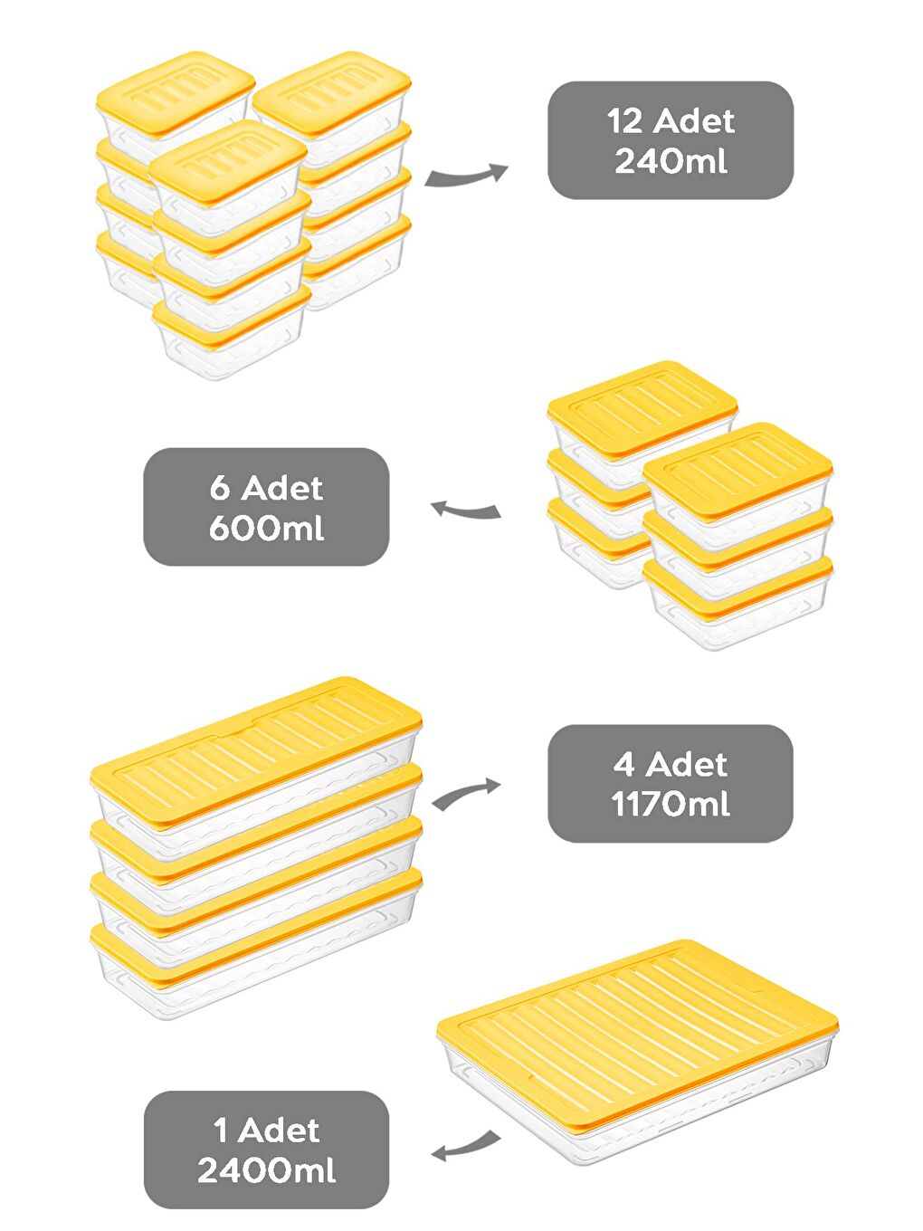 23 Parça Mikrodalga Uyu mlu Organizer Saklama Kabı 1x2400 ml 4x1170 ml 6x600 ml 12x240 ml Sarı-1