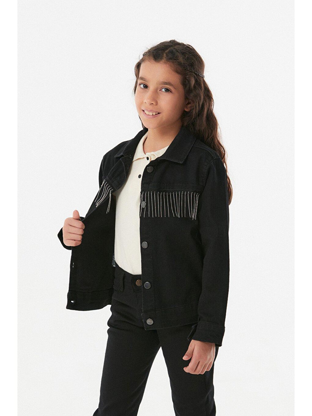 Siyah Zincir Detaylı Kız Çocuk jean Ceket-1